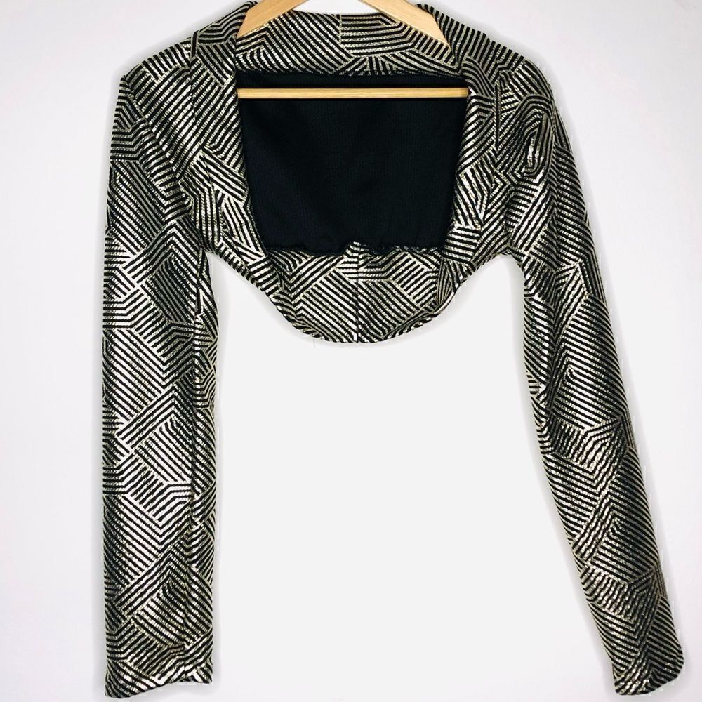 Long-Sleeve Shrug, Shiny Black & Gold